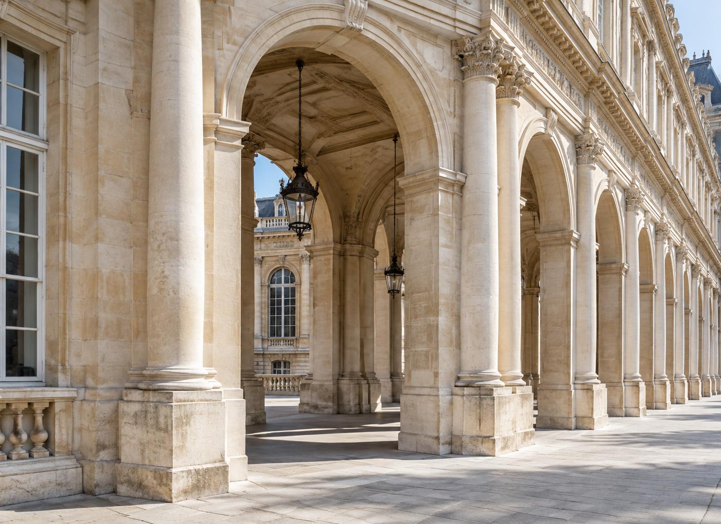 Sunlit stone colonnade
